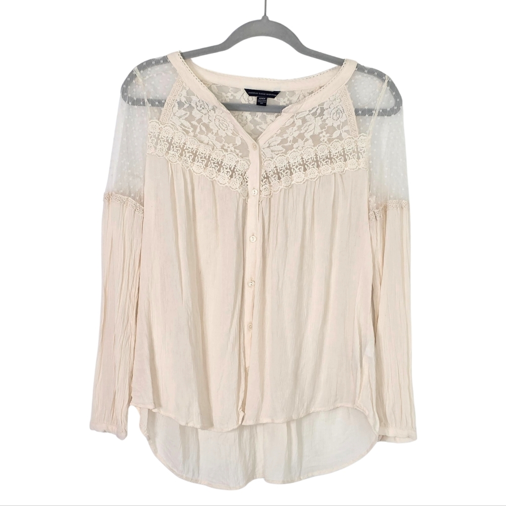 American Eagle Outfitters Floral Lace Boho Top Cream Button Down Size Medium